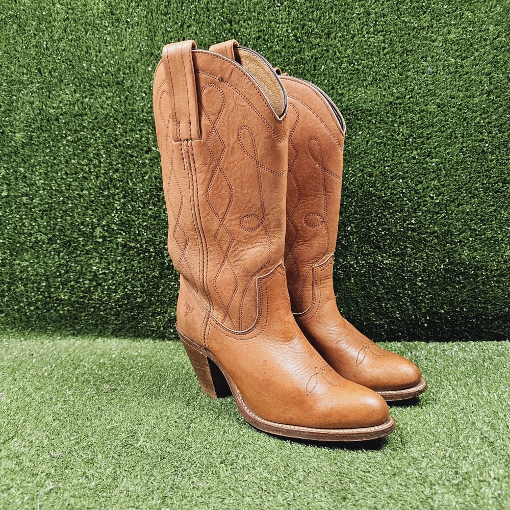 Frye Vintage Brown Leather Western Pull On Heel Boots Womens Size 6.5